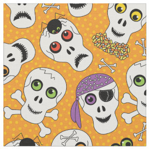 Funny Halloween Skulls on Orange Pattern Fabric