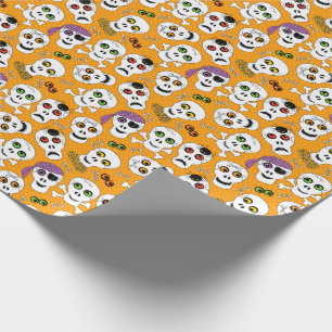 Funny Halloween Skulls on Orange Pattern Wrapping Paper