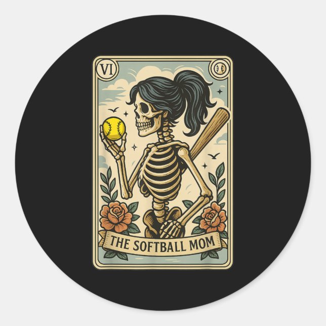 Funny Halloween Softball Mama Mom Skeleton Tarot C Classic Round Sticker (Front)