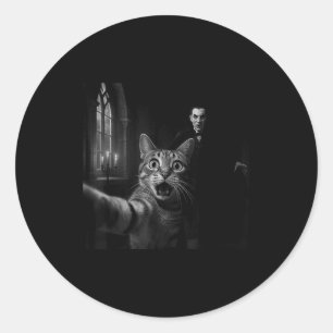 Funny Halloween Surprised Ed Cat Selfie Dracula Va Classic Round Sticker