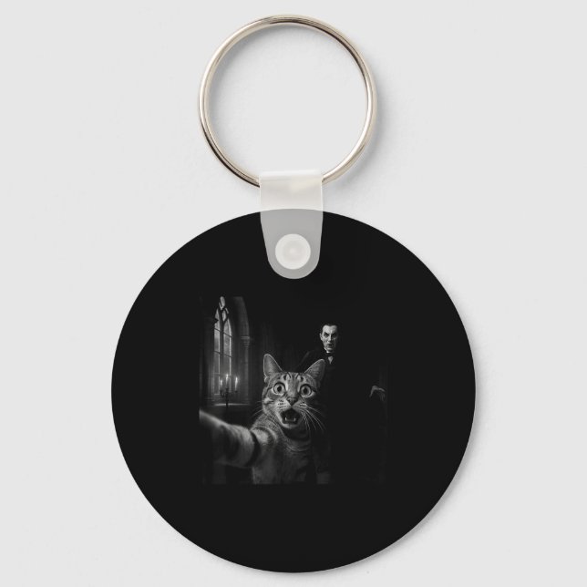 Funny Halloween Surprised Ed Cat Selfie Dracula Va Keychain (Front)