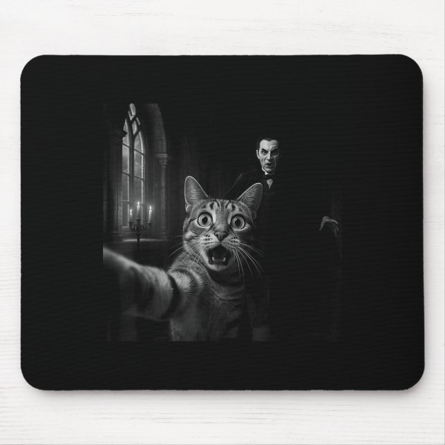 Funny Halloween Surprised Ed Cat Selfie Dracula Va Mouse Pad (Front)
