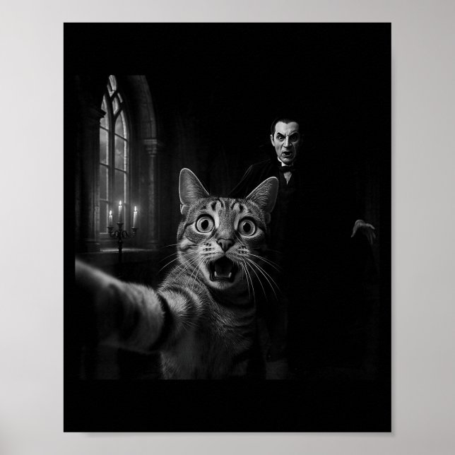 Funny Halloween Surprised Ed Cat Selfie Dracula Va Poster (Front)