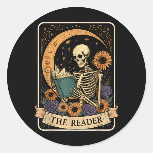 Funny Halloween Tarot Card The Reader Skeleton Classic Round Sticker (Front)