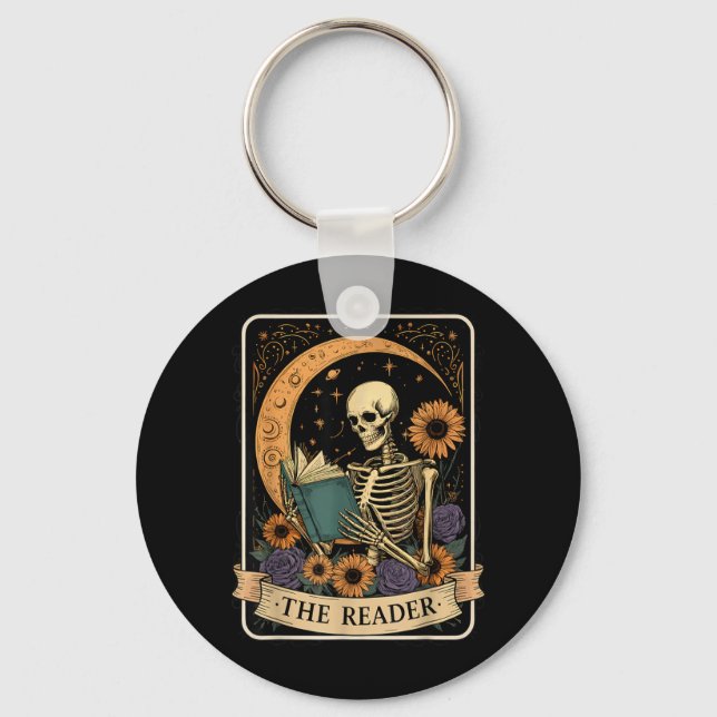 Funny Halloween Tarot Card The Reader Skeleton Keychain (Front)