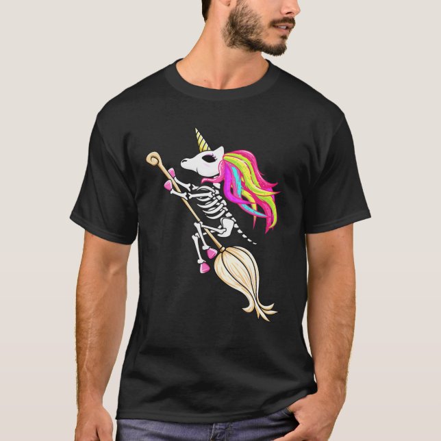 Funny Halloween Unicorn Costume Skeleton On The Br T-Shirt (Front)