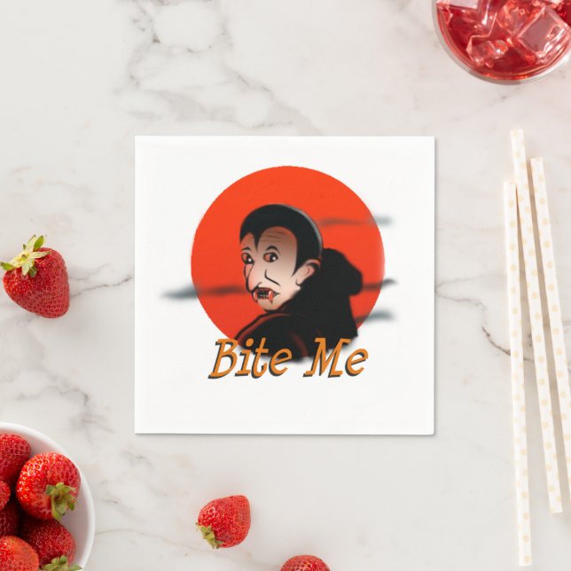 Funny Halloween Vampire with Fangs Says Bite Me Napkin (Insitu)