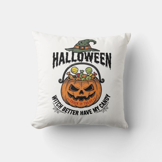 Funny Halloween Witch Candy Pumpkin Shirt Design_1 Throw Pillow (Front)