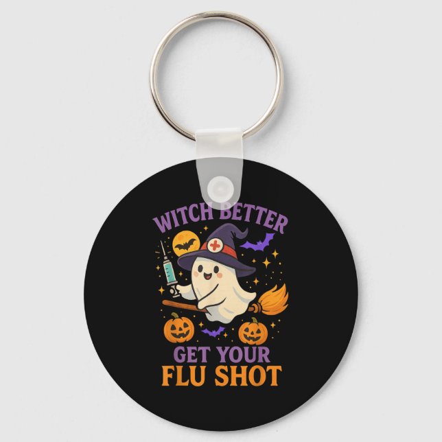 Funny Halloween Witch Ghost Flu Shot Nurse  Keychain (Front)