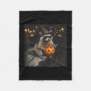 Funny halloween witch raccoon holding pumpkin meme fleece blanket