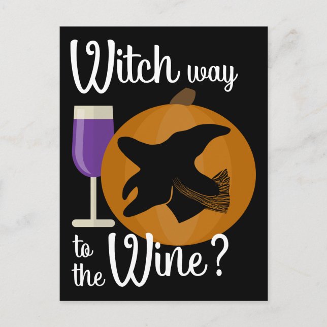 Funny Halloween Witch Way to the Wine Spooky Postcard (Front)