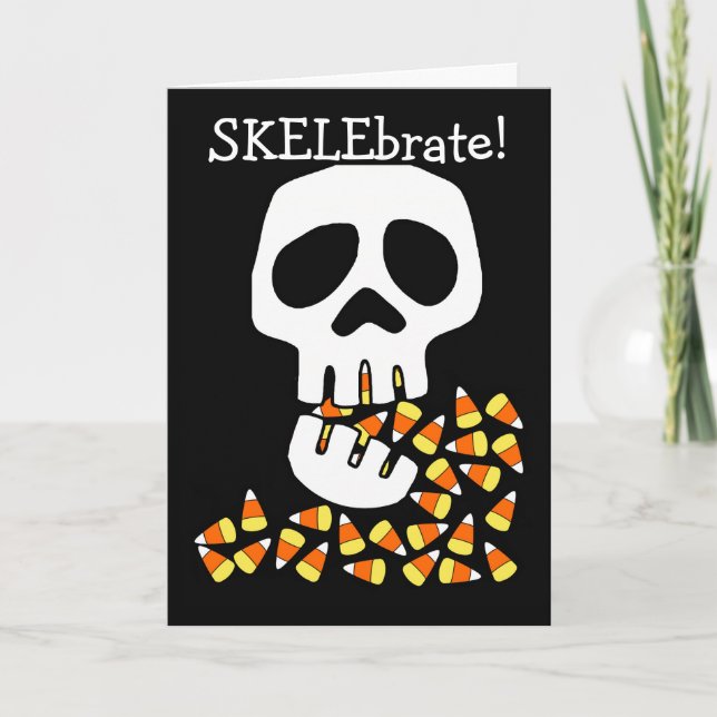 Funny Halloween with Skelebrate and Skull Eating Card (Front)