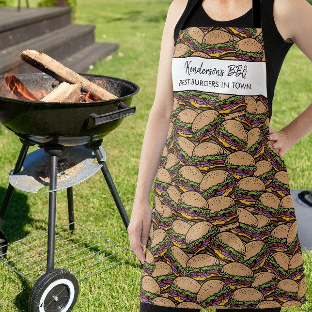 Funny Hamburger BBQ Pattern Custom Chef Name Text Apron (Creator Uploaded)