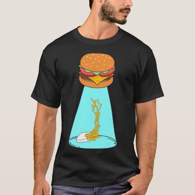 Funny hamburger UFO flying saucer abducting fries  T-Shirt (Front)