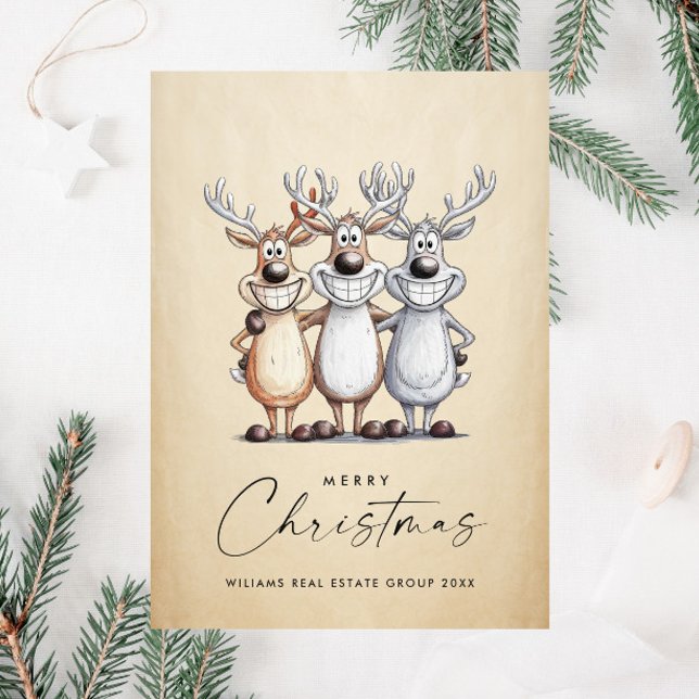Funny Hand Drawn Christmas Reindeers Corporate Holiday Card (Creator Uploaded)