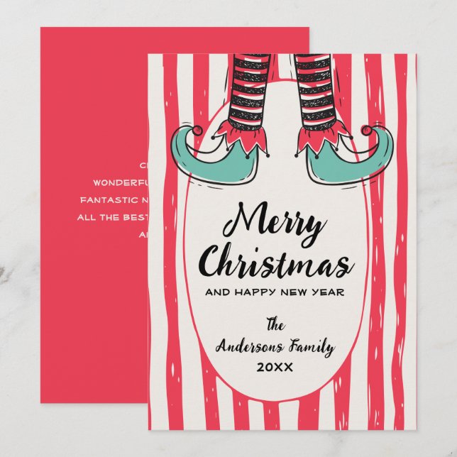 Funny Hand Drawn Elf Sock Christmas Non-Photo Holiday Card (Front/Back)