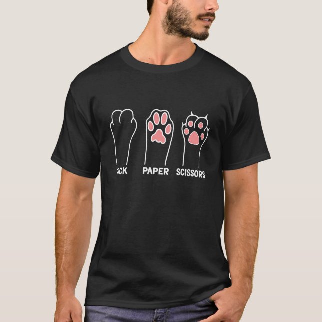 funny Hand Kitten dog Joke Game Rock Paper Scissor T-Shirt (Front)