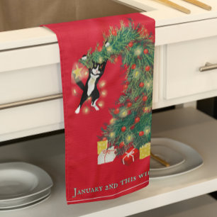 Funny Hang In There Cat in Christmas Tree  Kitchen Towel