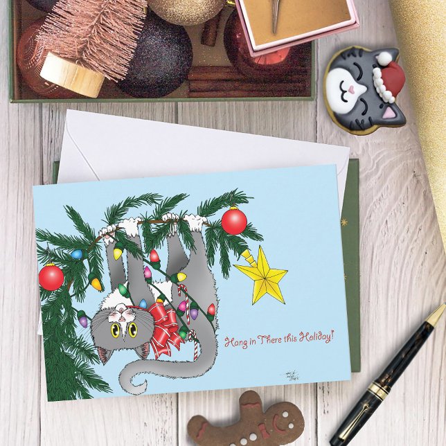 Funny Hanging Christmas Tree Cat Holiday Card (Creator Uploaded)