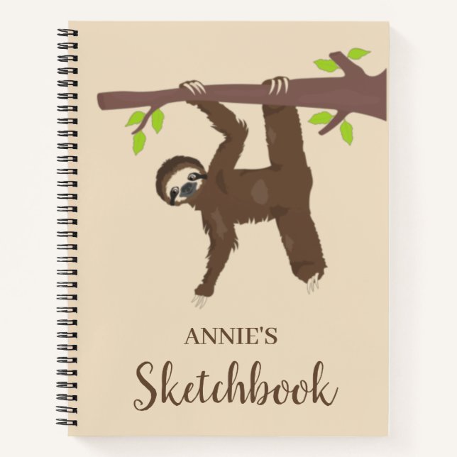 Funny Hanging Sloth Personalized Kids Sketchbook Notebook (Front)