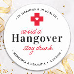 Funny Hangover Recovery Kit Custom Wedding Favour Classic Round Sticker<br><div class="desc">Avoid A Hangover Stay Drunk Relief Kit ! These fun wedding favour stickers are perfect to make your own hangover recovery kits for your guests, essential if you plan on having an open bar. Visit our collection for wedding favours, and hangover kit favours and wedding keepsakes. Personalize with name and...</div>