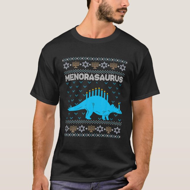 Funny Hanukkah Dinosaur Stegosaurus Dino Menorah T-Shirt (Front)