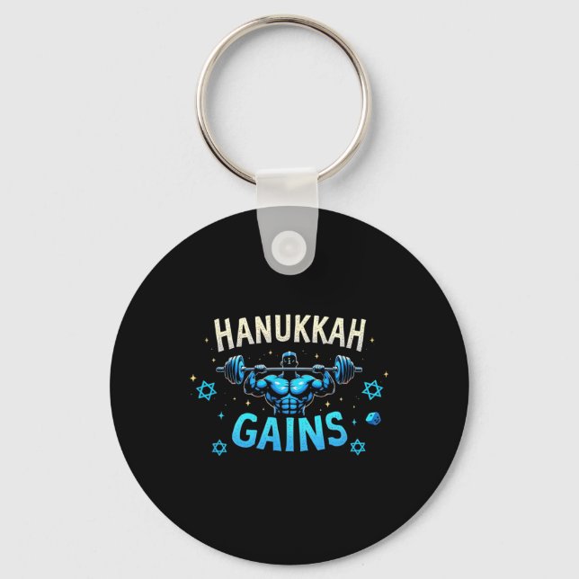 Funny Hanukkah Jewish Gym Workout Hanukkah Gains  Keychain (Front)