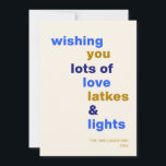 Funny Hanukkah Love Latkes Lights Blue Custom Holiday Card<br><div class="desc">Celebrate the Festival of Lights with a smile using this funny Hanukkah holiday card, featuring the playful phrase Love Latkes and Lights on a cheerful blue background. Customizable and full of festive spirit, this card is perfect for sharing holiday joy with a humourous twist. Whether you're sending warm wishes to...</div>
