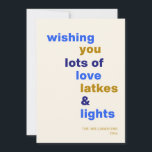 Funny Hanukkah Love Latkes Lights Blue Custom Holiday Card<br><div class="desc">Celebrate the Festival of Lights with a smile using this funny Hanukkah holiday card, featuring the playful phrase Love Latkes and Lights on a cheerful blue background. Customizable and full of festive spirit, this card is perfect for sharing holiday joy with a humourous twist. Whether you're sending warm wishes to...</div>