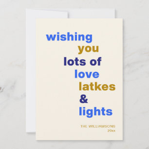 Funny Hanukkah Love Latkes Lights Blue Custom Holiday Card
