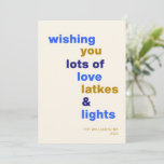 Funny Hanukkah Love Latkes Lights Blue Custom Holiday Card<br><div class="desc">Celebrate the Festival of Lights with a smile using this funny Hanukkah holiday card, featuring the playful phrase Love Latkes and Lights on a cheerful blue background. Customizable and full of festive spirit, this card is perfect for sharing holiday joy with a humourous twist. Whether you're sending warm wishes to...</div>