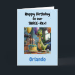 Funny Happy 3rd Birthday Boy, Dino, Personalized  Card<br><div class="desc">Happy Birthday to our Three-Rex! Congratulate the 3 year old with a special birthday rhyme and this cool Three-Rex dino partying around the birthday cake. Personalize with the 3rd birthday boy's name and your signature. Fully customizable, add your own text or change text just as you like. Instant download available....</div>