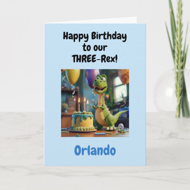 Funny Happy 3rd Birthday Boy, Dino, Personalized  Card (Front)