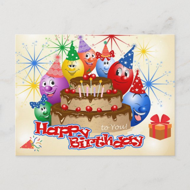 Funny Happy Birthday Balloons and Chocolate Cake Postcard (Front)