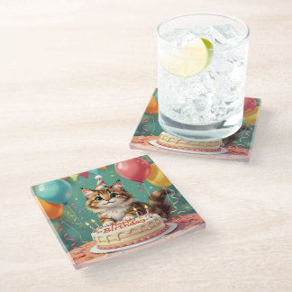 Funny happy birthday cat glass coaster