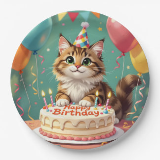 Funny happy birthday cat paper plate