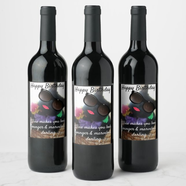 Funny Happy Birthday Cat Photo Humour Wine Label (Bottles)