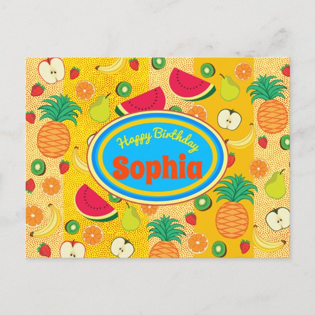 Funny happy birthday colourful fruit label Cheerfu Postcard (Front)