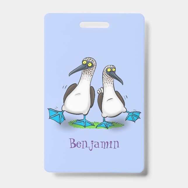 Funny, happy blue footed boobies dancing cartoon badge (Front)