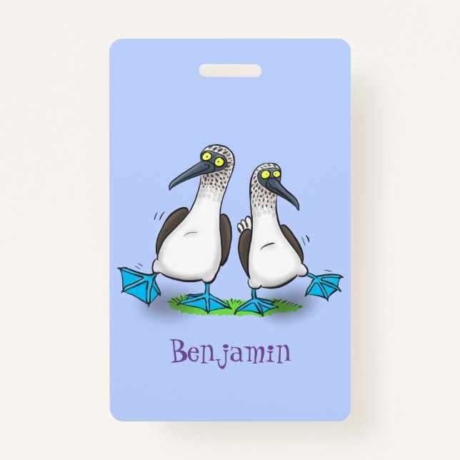 Funny, happy blue footed boobies dancing cartoon badge (Front)