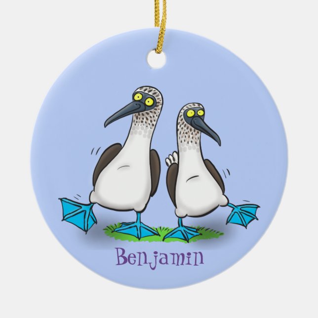 Funny, happy blue footed boobies dancing cartoon ceramic ornament (Front)