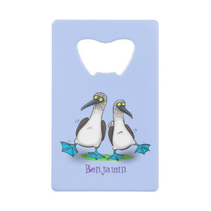 Funny, happy blue footed boobies dancing cartoon credit card bottle opener