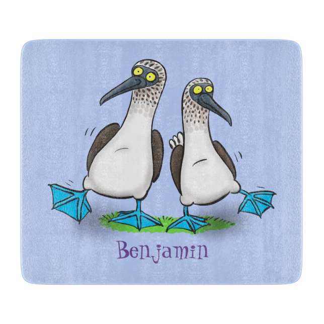 Funny, happy blue footed boobies dancing cartoon cutting board (Front)