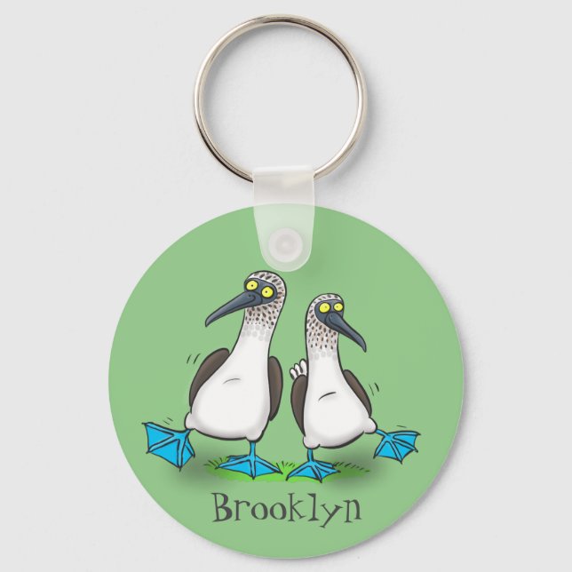 Funny, happy blue footed boobies dancing cartoon keychain (Front)