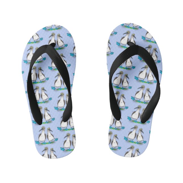 Funny, happy blue footed boobies dancing cartoon kid's flip flops (Footbed)