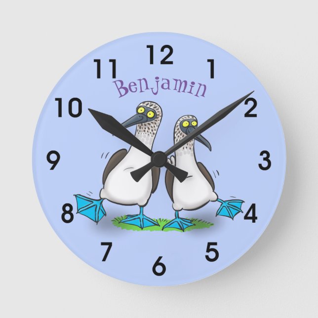 Funny, happy blue footed boobies dancing cartoon round clock (Front)