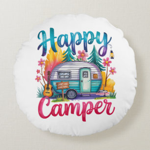 Funny Happy Camper Camping Apparel Trailer RV Kids Round Pillow
