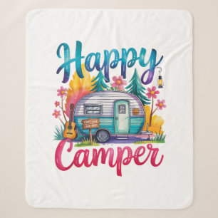 Funny Happy Camper Camping Apparel Trailer RV Kids Sherpa Blanket