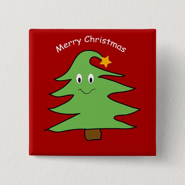 Funny Happy Cute Christmas Tree 2 Inch Square Button (Front)