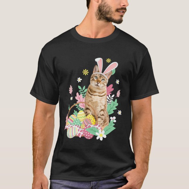 Funny happy easter cute cat bunny eggs basket rabb T-Shirt (Front)